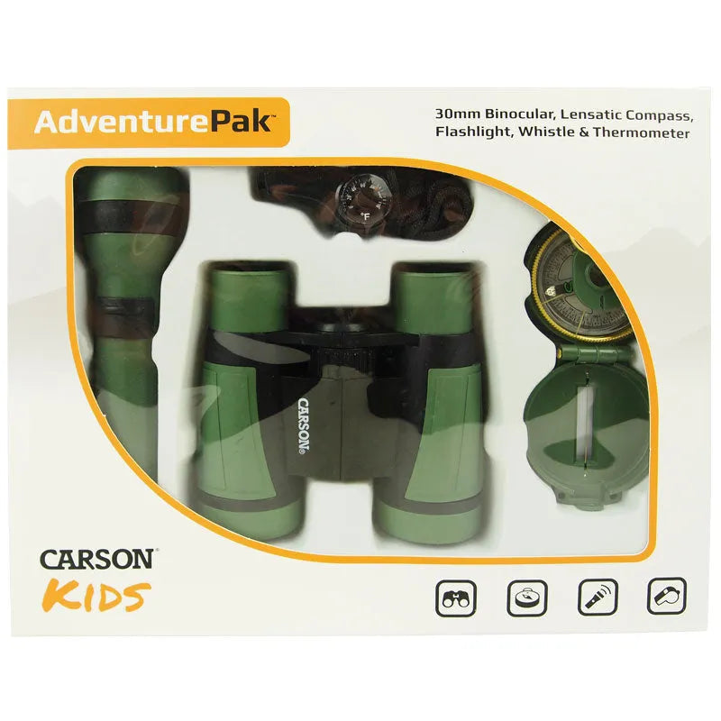 Carson AdventurePak børnesæt med kikkert, kompas, lommelygte og fløjte i grøn