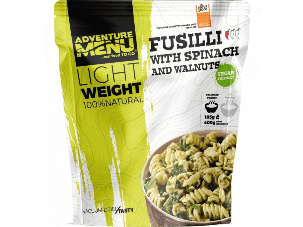 Adventure Menu Fusilli med spinat og valnødder, frysetørret måltid, grøn/hvid emballage