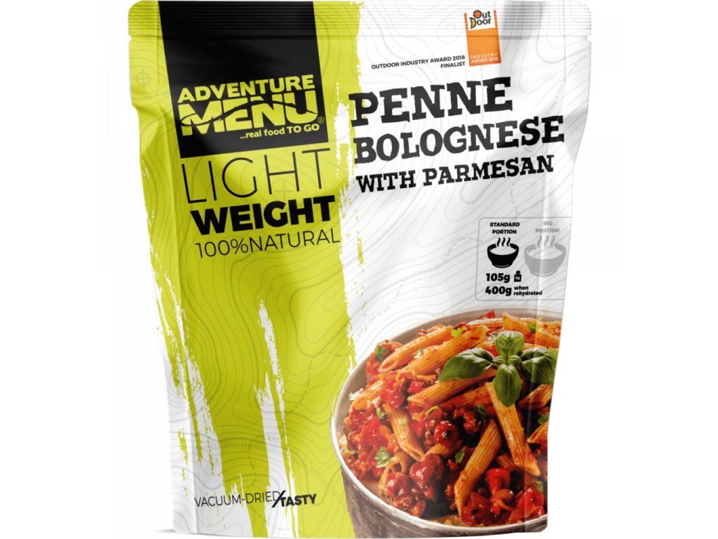 Adventure Menu Penne bolognese med parmesan, frysetørret måltid, grøn/hvid emballage