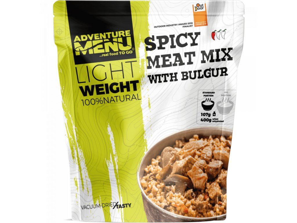 Adventure Menu Krydret kødmix med bulgur, frysetørret måltid, grøn/hvid emballage