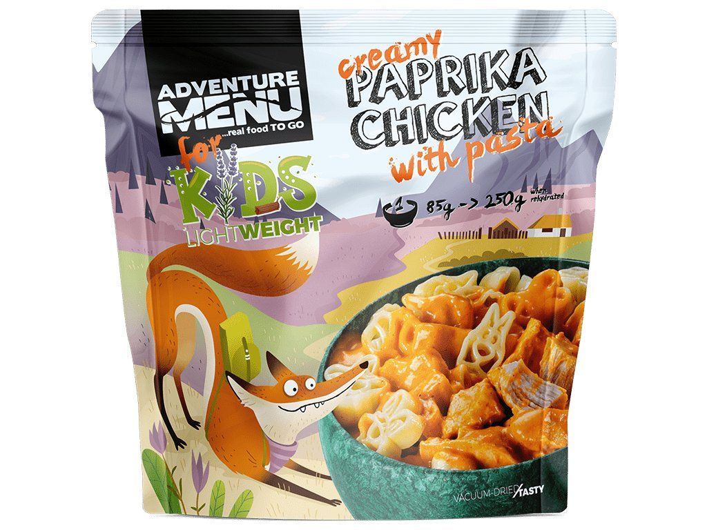 Adventure Menu Cremet paprikakylling med pasta, frysetørret børnemåltid, lilla emballage