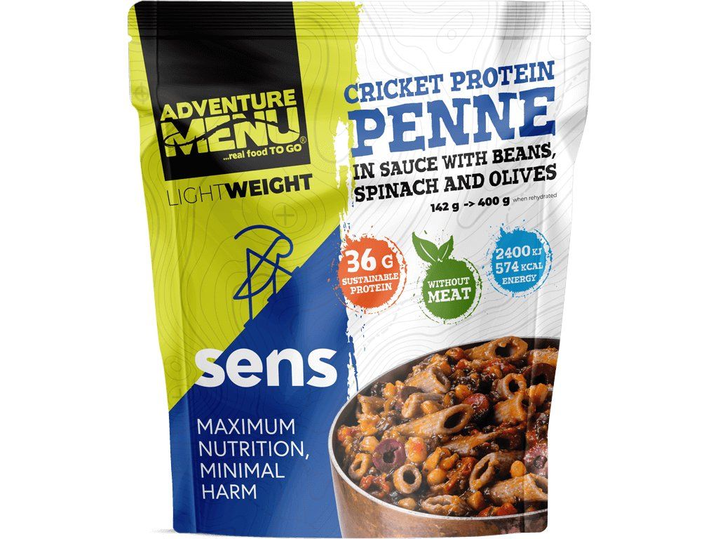 Adventure Menu Penne med fårekyllingemel i sauce med bønner, spinat og oliven, frysetørret måltid, blå/hvid emballage