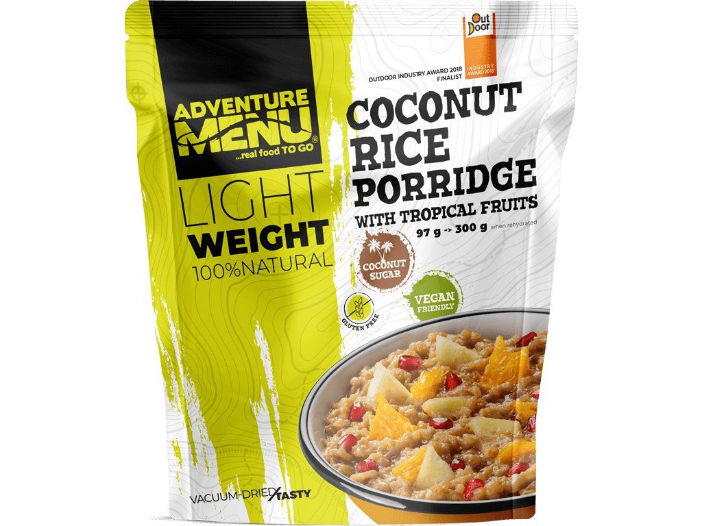 Adventure Menu Kokosrisengrød med tropisk frugt, frysetørret morgenmad, grøn/hvid emballage