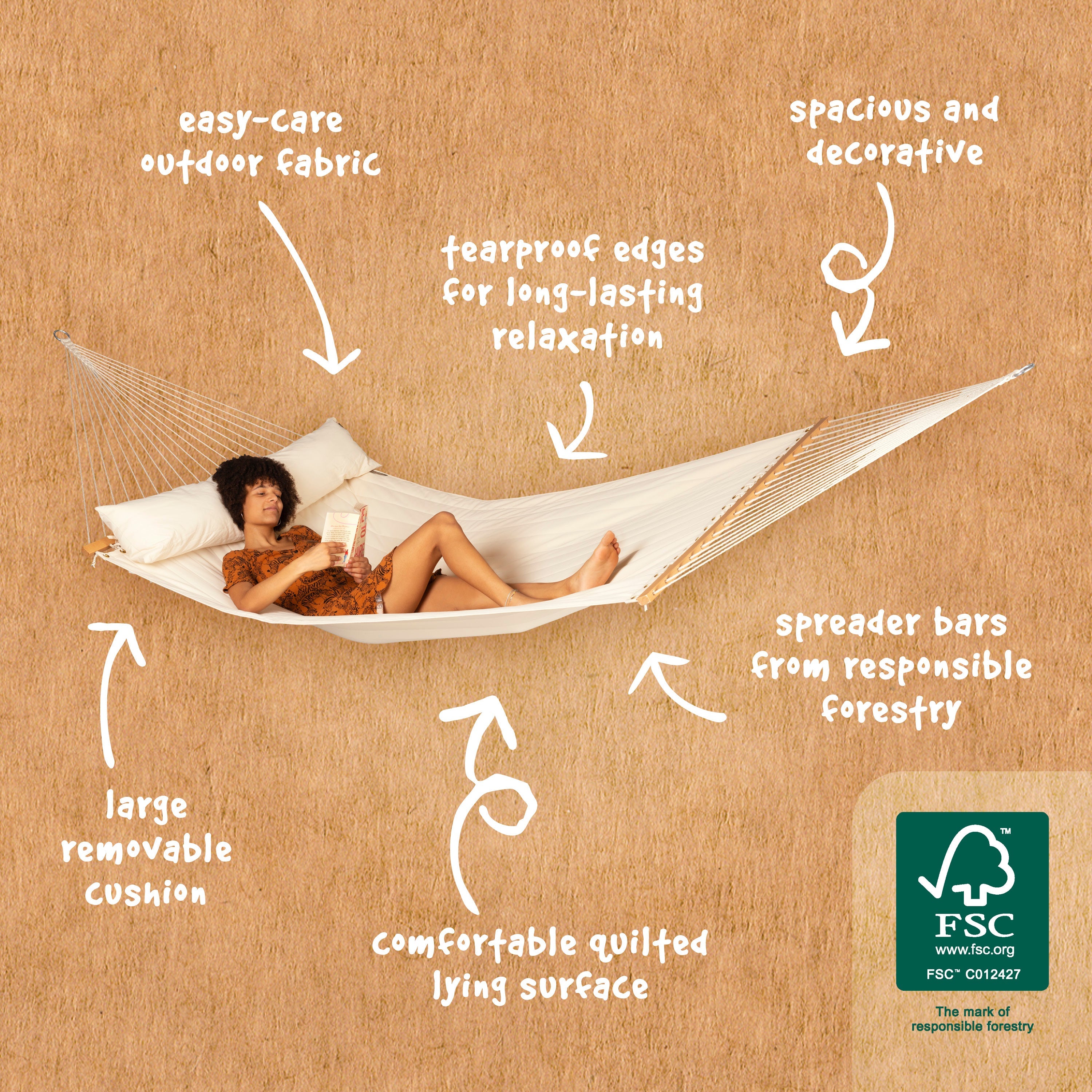 LA SIESTA® - Alabama Kingsize-hængekøje med tværpind - Vanilla