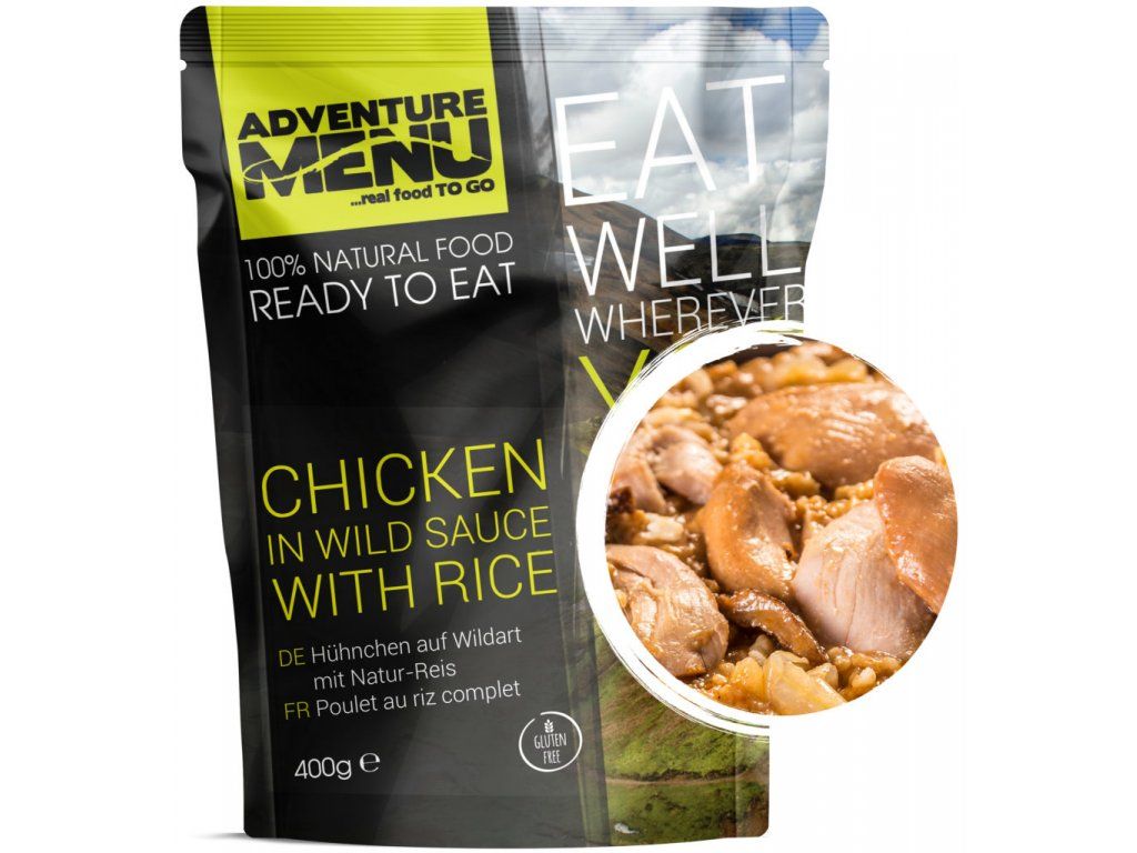 Adventure Menu Kylling på vild vis med ris, steriliseret færdigret, sort emballage