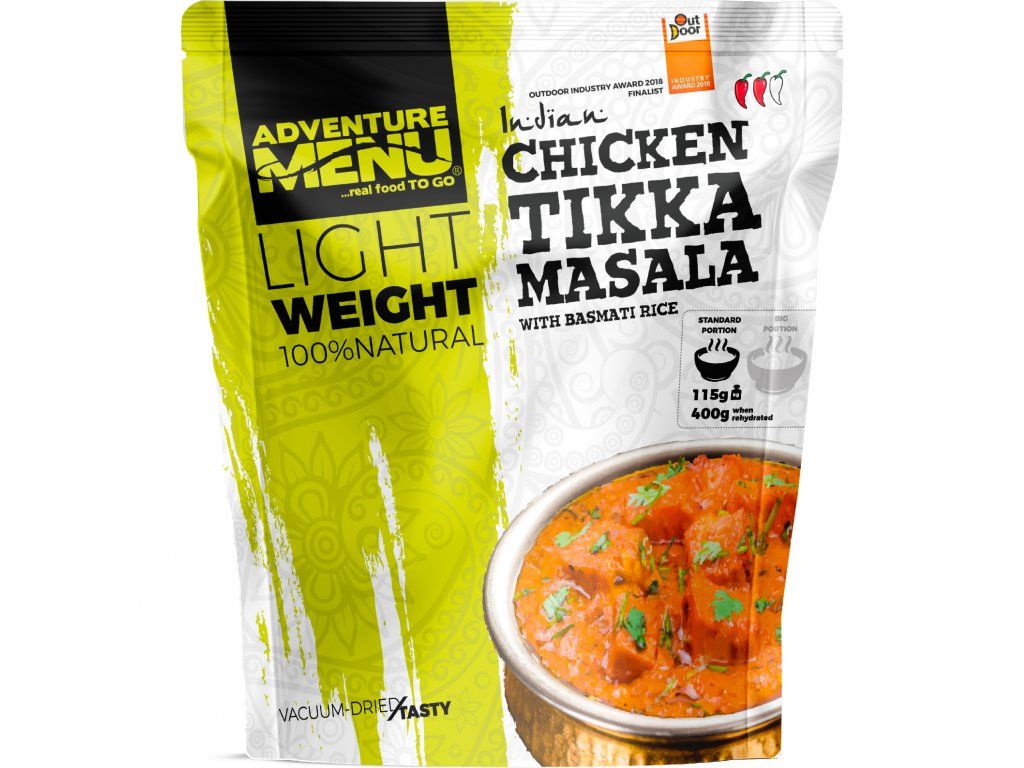Adventure Menu Kylling tikka masala med basmatiris, frysetørret måltid, grøn/hvid emballage