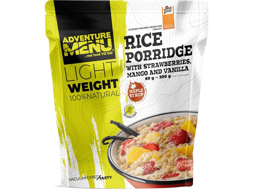 Adventure Menu Risengrød med jordbær, mango og vanilje, frysetørret morgenmad, grøn/hvid emballage