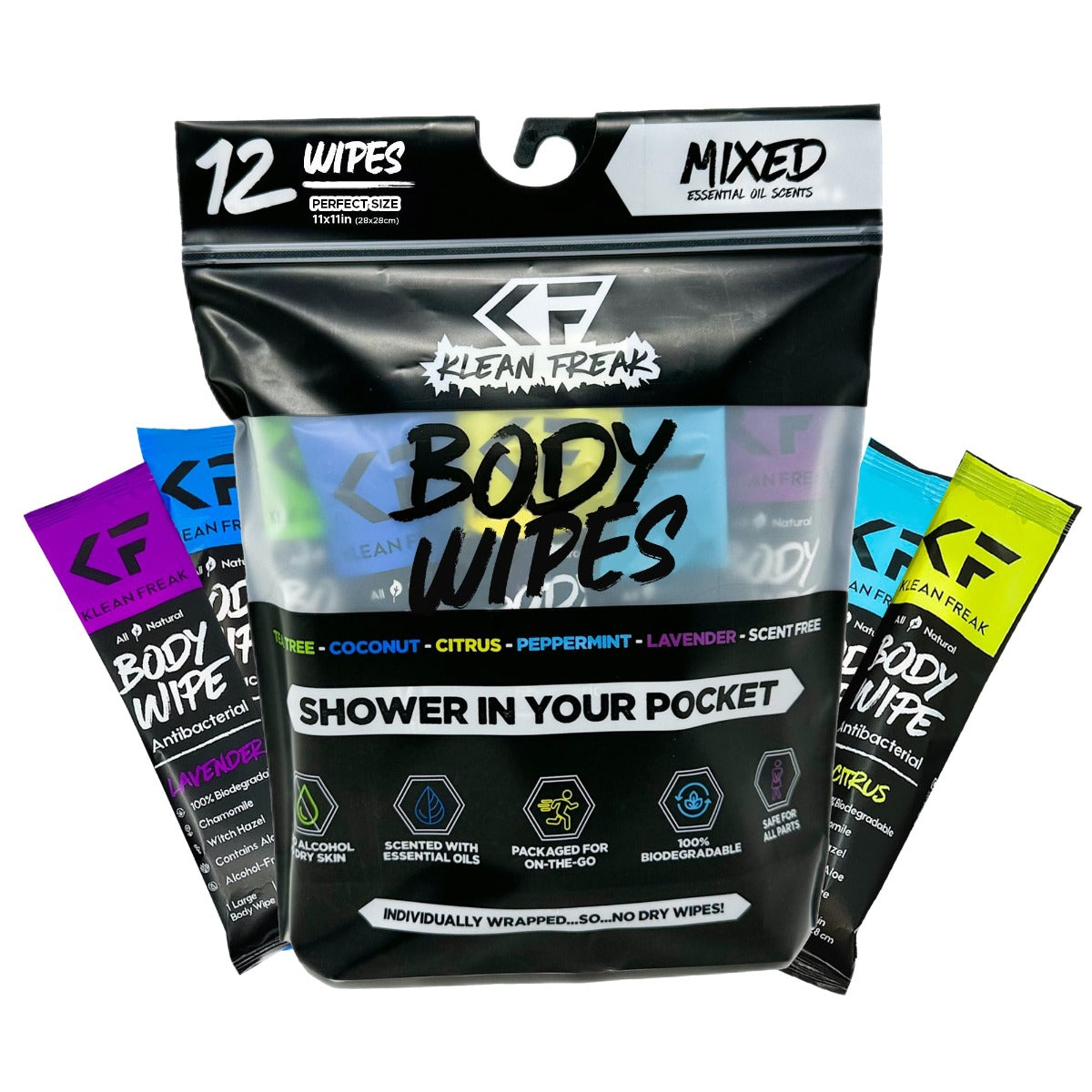 Klean Freak Body Wipes vådservietter 12-pak med blandede dufte